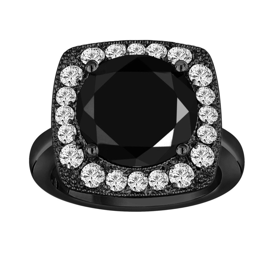 Huge Fancy Black Diamond Engagement Ring 6.88 Carat Vintage Style 14k Black Gold Unique Design Halo Ring handmade