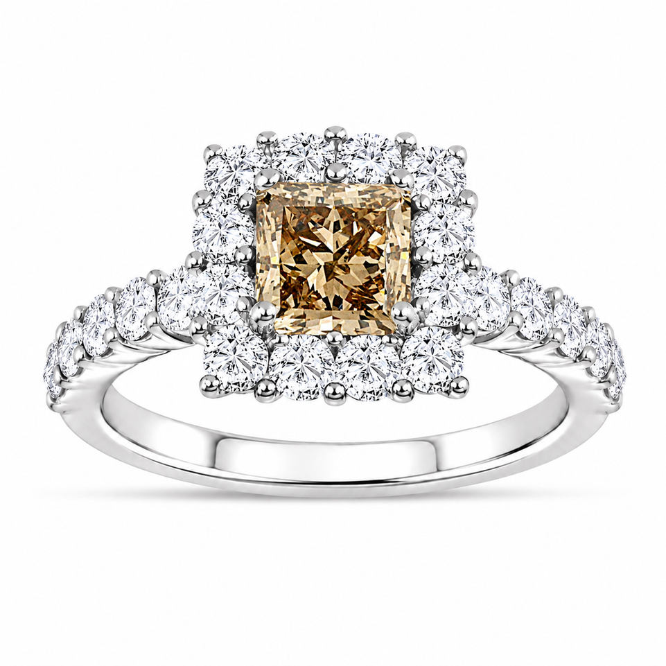2.16 Carat Princess Cut Champagne Diamond Engagement Ring 14K White Gold Unique Handmade 