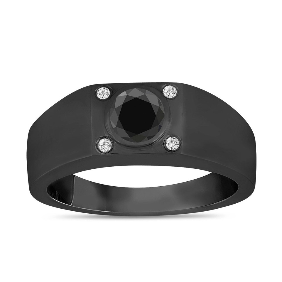 Fancy Black and White Diamond Solitaire Mens Ring 0.55 Carat 14K Black Gold Vintage Style Handmade