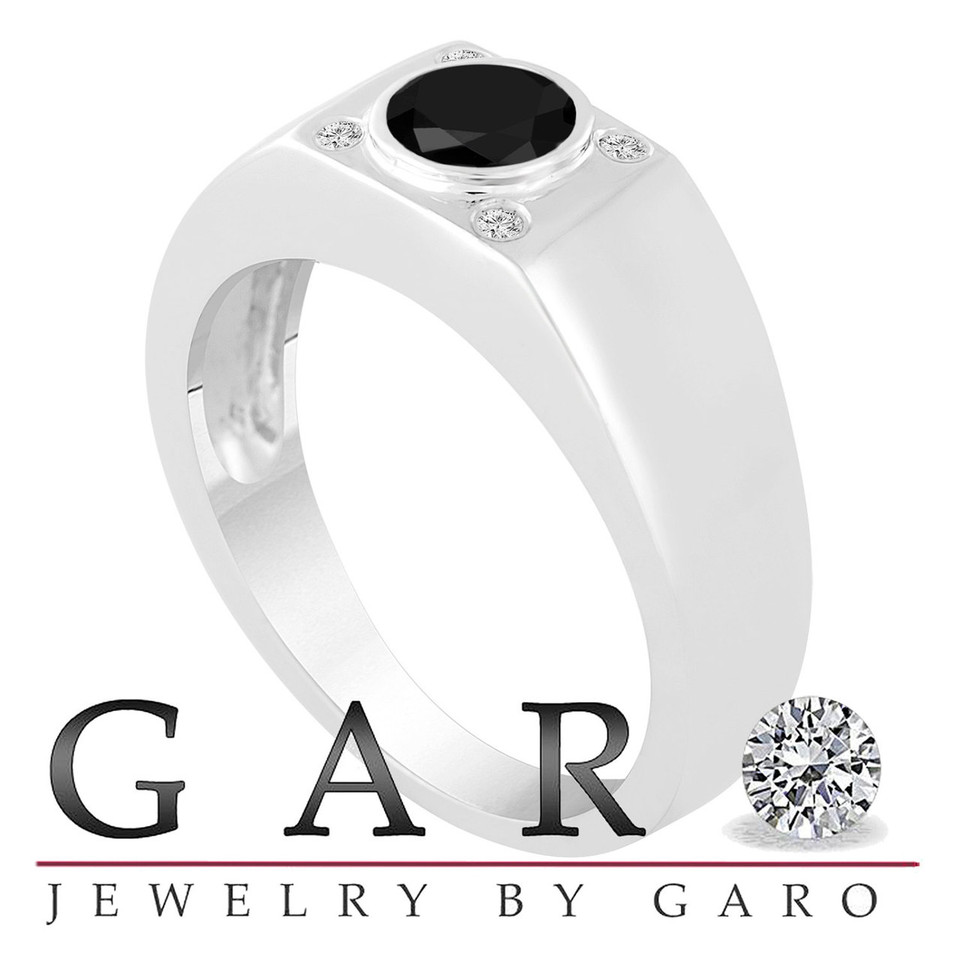 Black and White Diamond Solitaire Mens Ring 0.55 Carat 14K White Gold Handmade