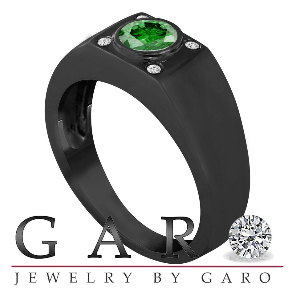 Green Diamond Solitaire Mens Ring Vintage Style 14K Black Gold 0.55 Carat Handmade