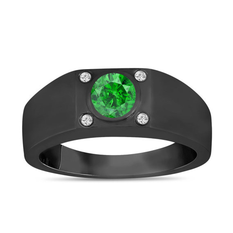 Fancy Green Diamond Solitaire Mens Ring Vintage Style 14K Black Gold 0.55 Carat Handmade
