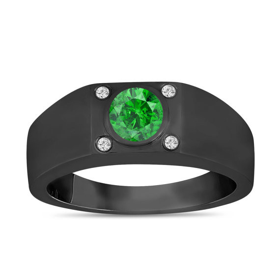Green Diamond Solitaire Mens Ring Vintage Style 14K Black Gold 0.55 Carat Handmade