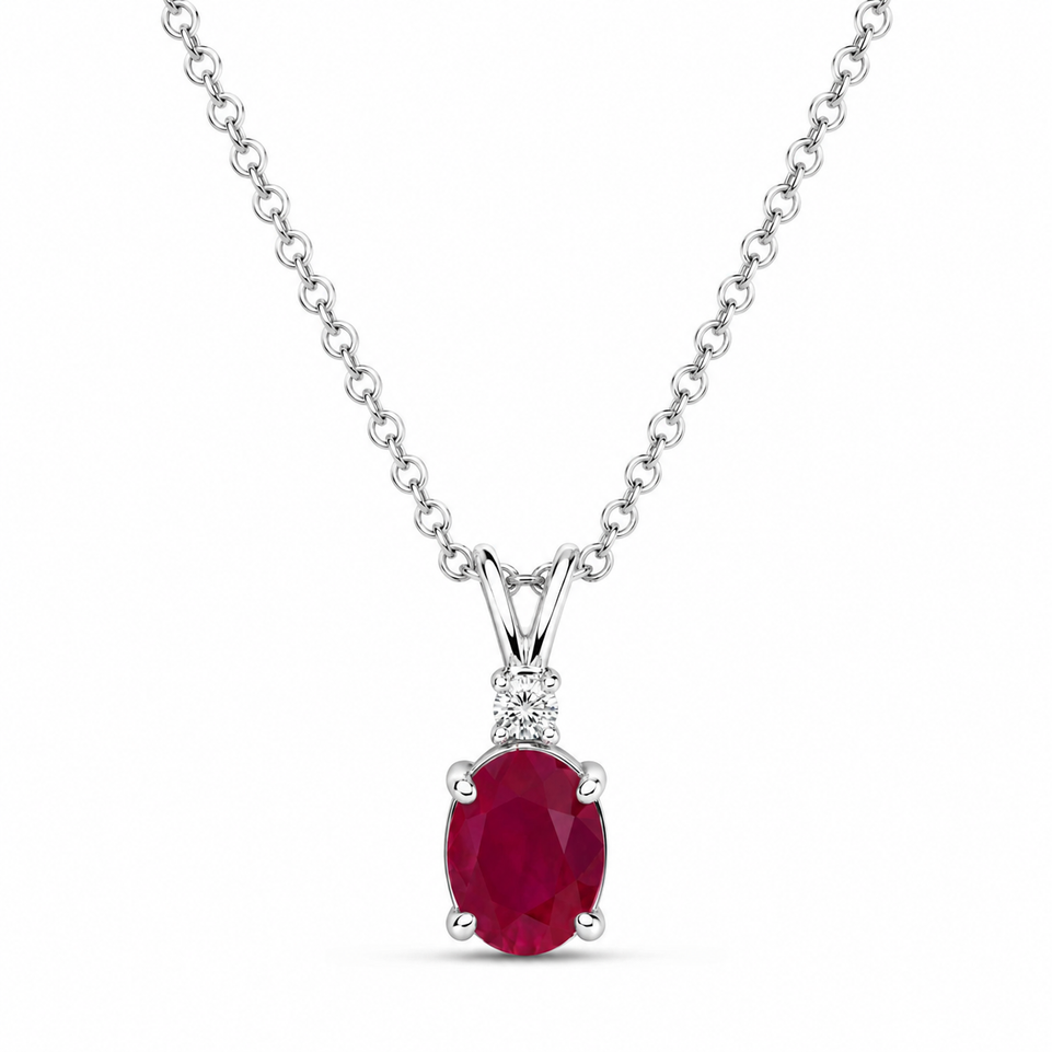 Oval Ruby & Diamond Solitaire Pendant Necklace 1.12 Carat 14K White Gold Unique Handmade