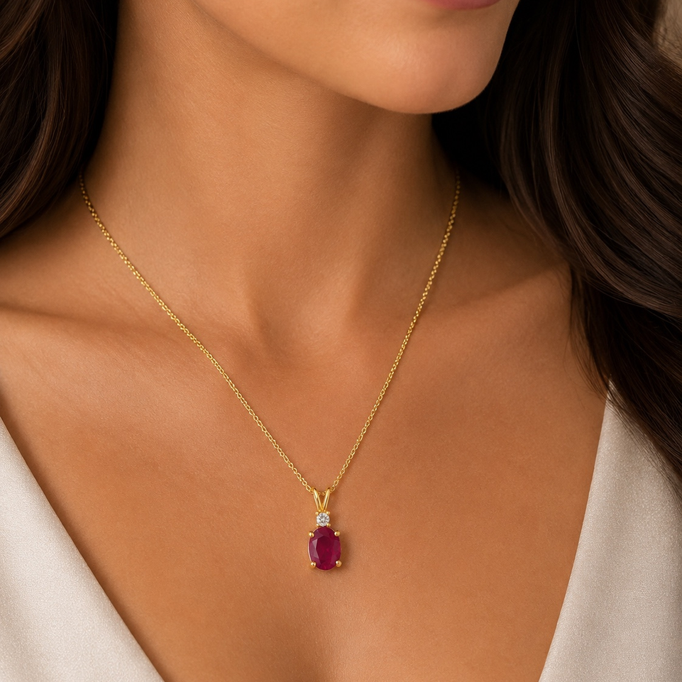 Oval Ruby & Diamond Solitaire Pendant Necklace 1.12 Carat 14K Yellow Gold Unique Handmade