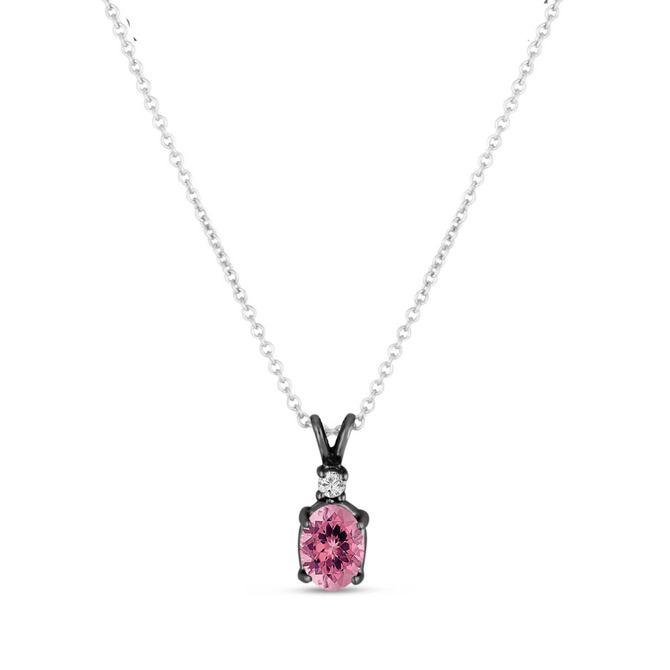 Oval Pink Tourmaline & Diamond Solitaire Pendant Necklace 14K Black Gold Vintage Style 1.22 Carat HandMade

