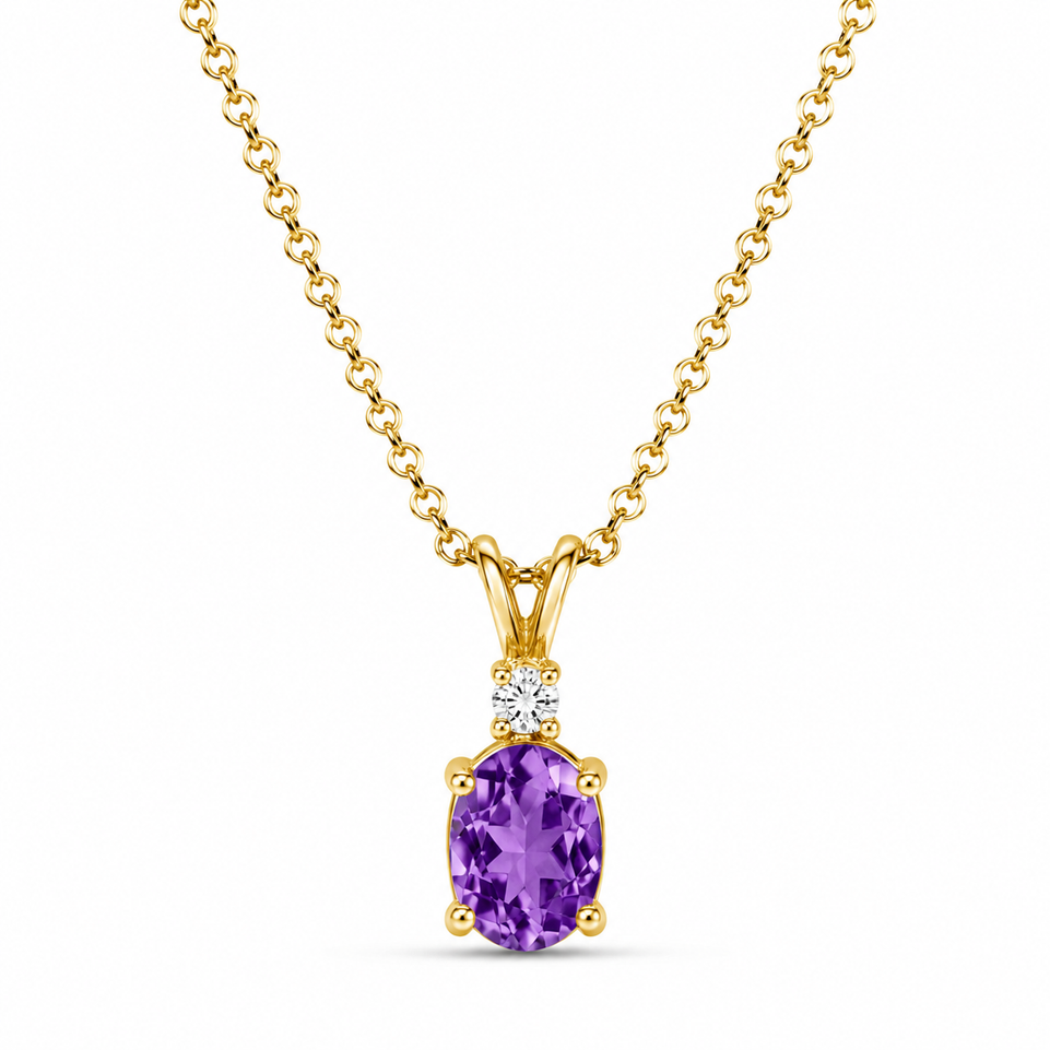 Oval Amethyst & Diamond Solitaire Pendant Necklace 14K Yellow Gold 1.08 Carat HandMade