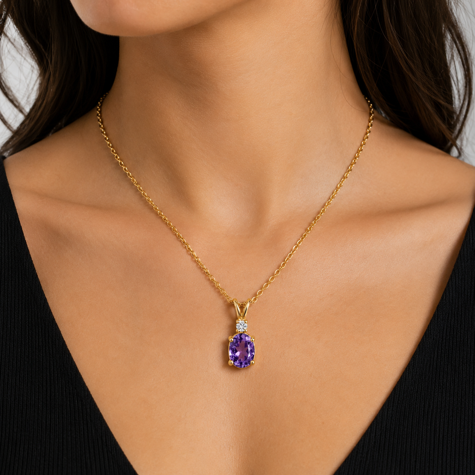 Oval Amethyst & Diamond Solitaire Pendant Necklace 14K Yellow Gold 1.08 Carat HandMade