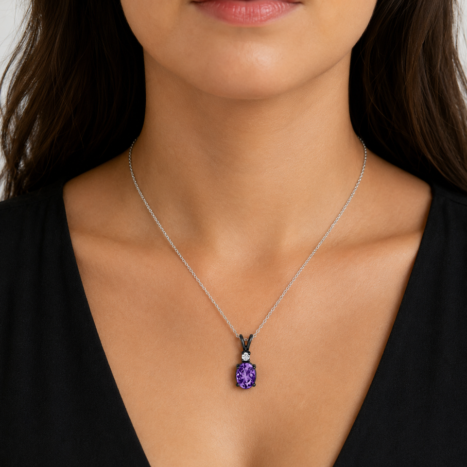 Oval Amethyst & Diamond Solitaire Pendant Necklace 14K Black Gold Vintage Style 1.08 Carat Handmade