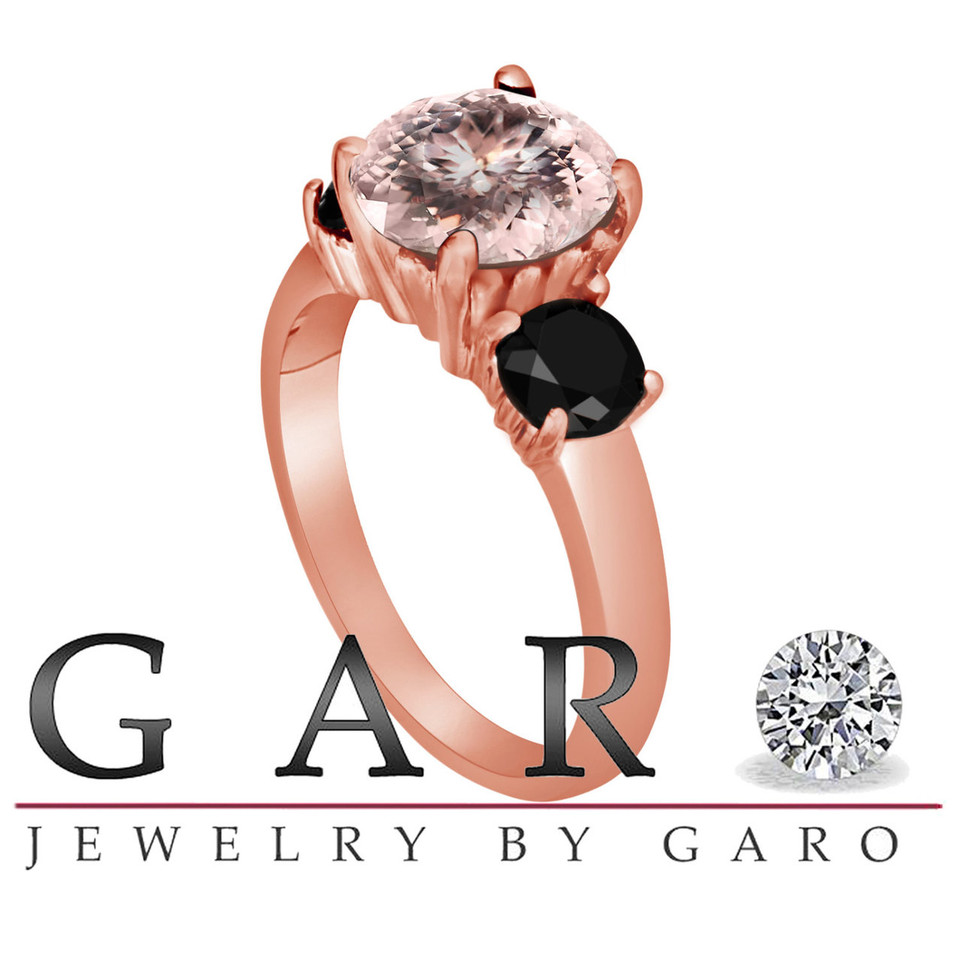 Pink Morganite and Black Diamond Three-Stone Engagement Ring 14k Rose Gold 2.70 Carat Certified Unique
