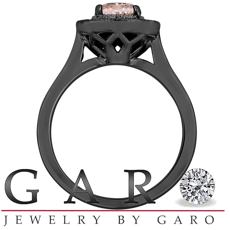 Morganite Engagement Ring 14K Black Gold Vintage Style 0.95 Carat Certified Pave Set Halo HandMade