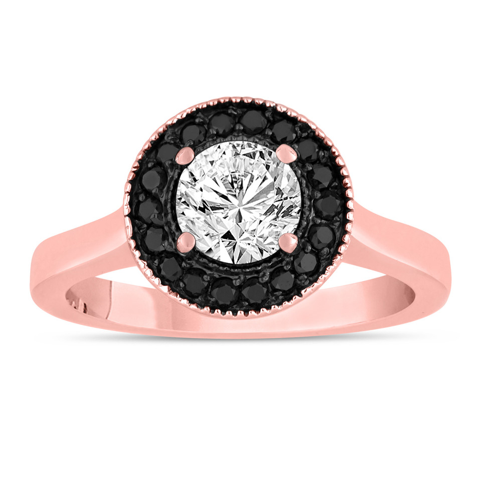 White & Black Diamond Engagement Ring 14K Rose Gold 0.90 Carat Certified Pave Set Halo Handmade Unique

