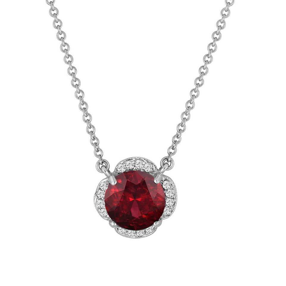 Garnet And Diamonds Clover Floral Pendant Necklace 1.97 Carat 14K White Gold Certified Handmade