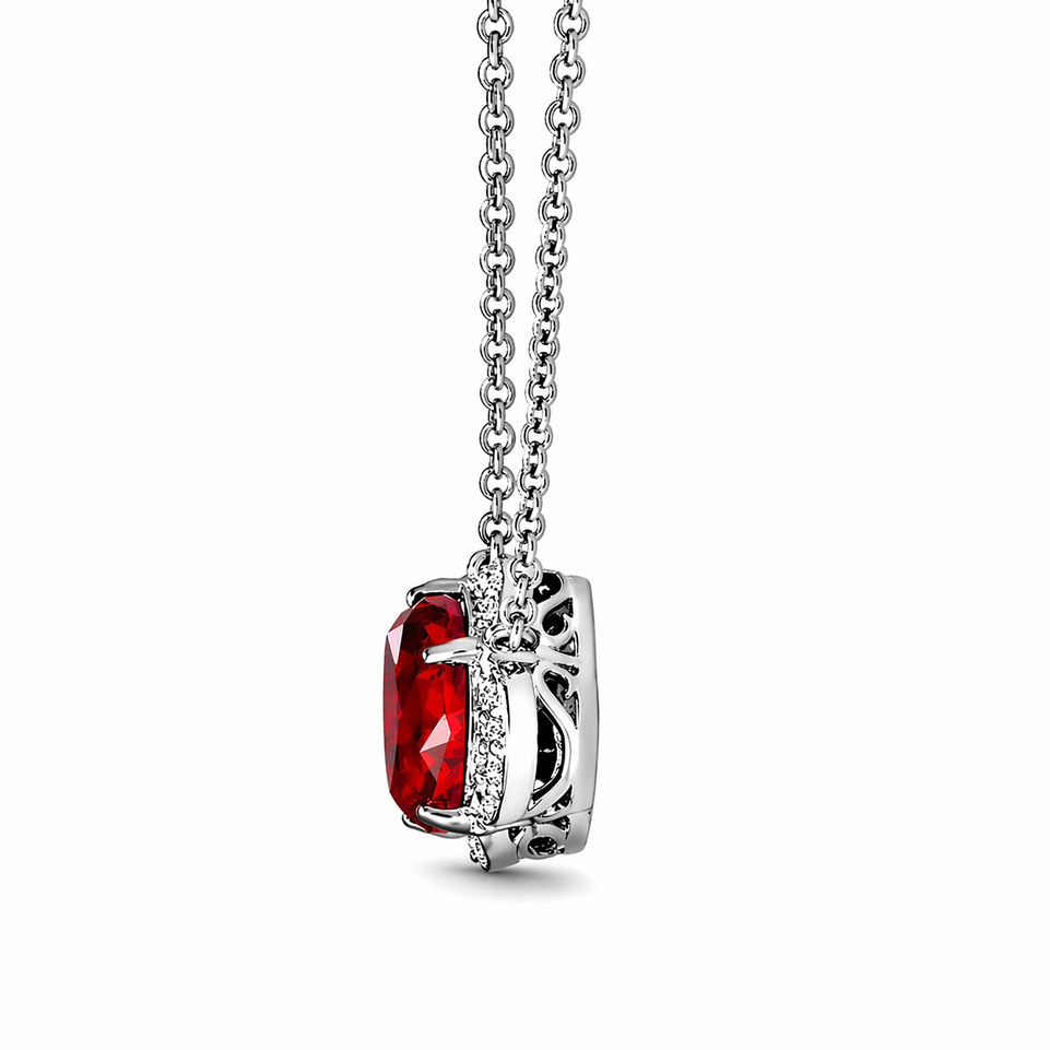 Garnet And Diamonds Clover Floral Pendant Necklace 1.97 Carat 14K White Gold Certified Handmade