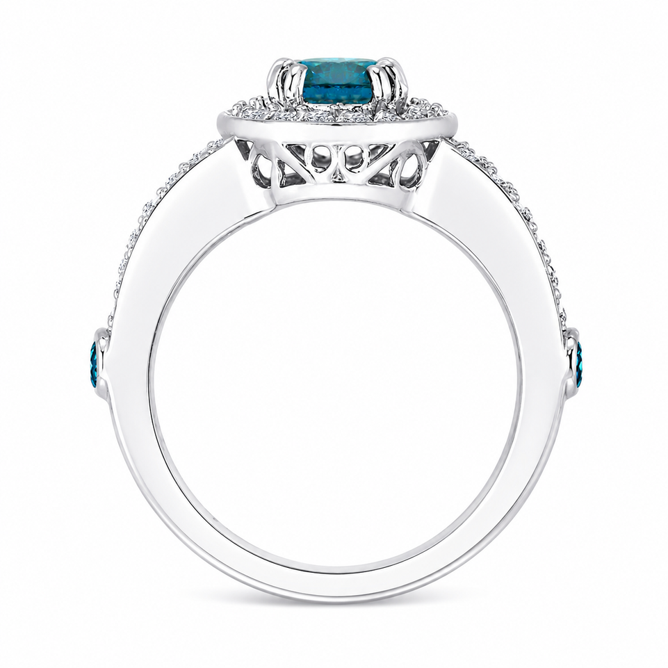 Platinum Blue Diamond Unique Engagement Ring Halo 1.56 Carat Handmade Certified