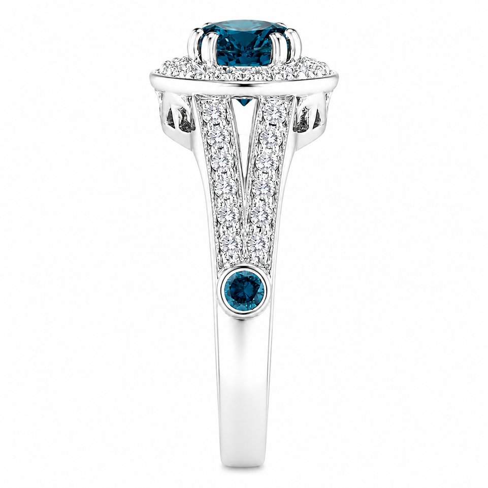 Platinum Blue Diamond Unique Engagement Ring Halo 1.56 Carat Handmade Certified