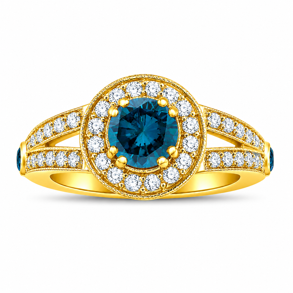 Unique Blue Diamond Halo Engagement Ring 1.56 Carat 14K White Gold, Yellow Gold, Rose Gold, Handmade Certified