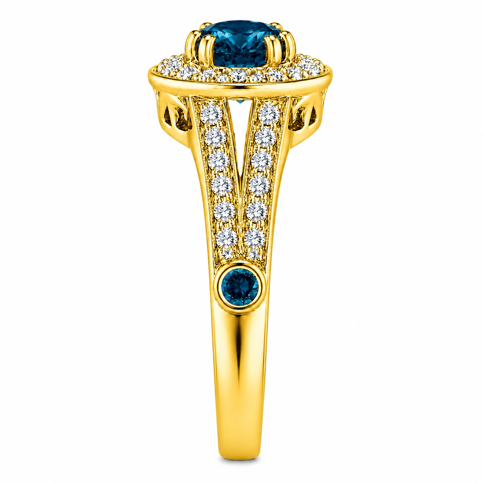 Unique Blue Diamond Halo Engagement Ring 1.56 Carat 14K White Gold, Yellow Gold, Rose Gold, Handmade Certified