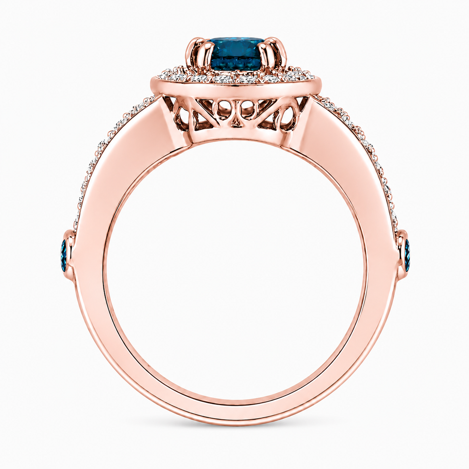 Unique Blue Diamond Halo Engagement Ring 1.56 Carat 14K White Gold, Yellow Gold, Rose Gold, Handmade Certified