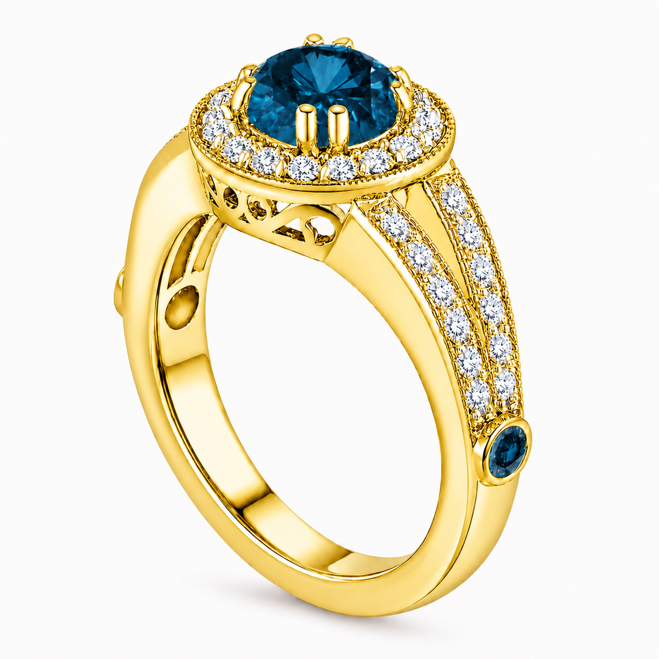 Unique Blue Diamond Halo Engagement Ring 1.56 Carat 14K White Gold, Yellow Gold, Rose Gold, Handmade Certified