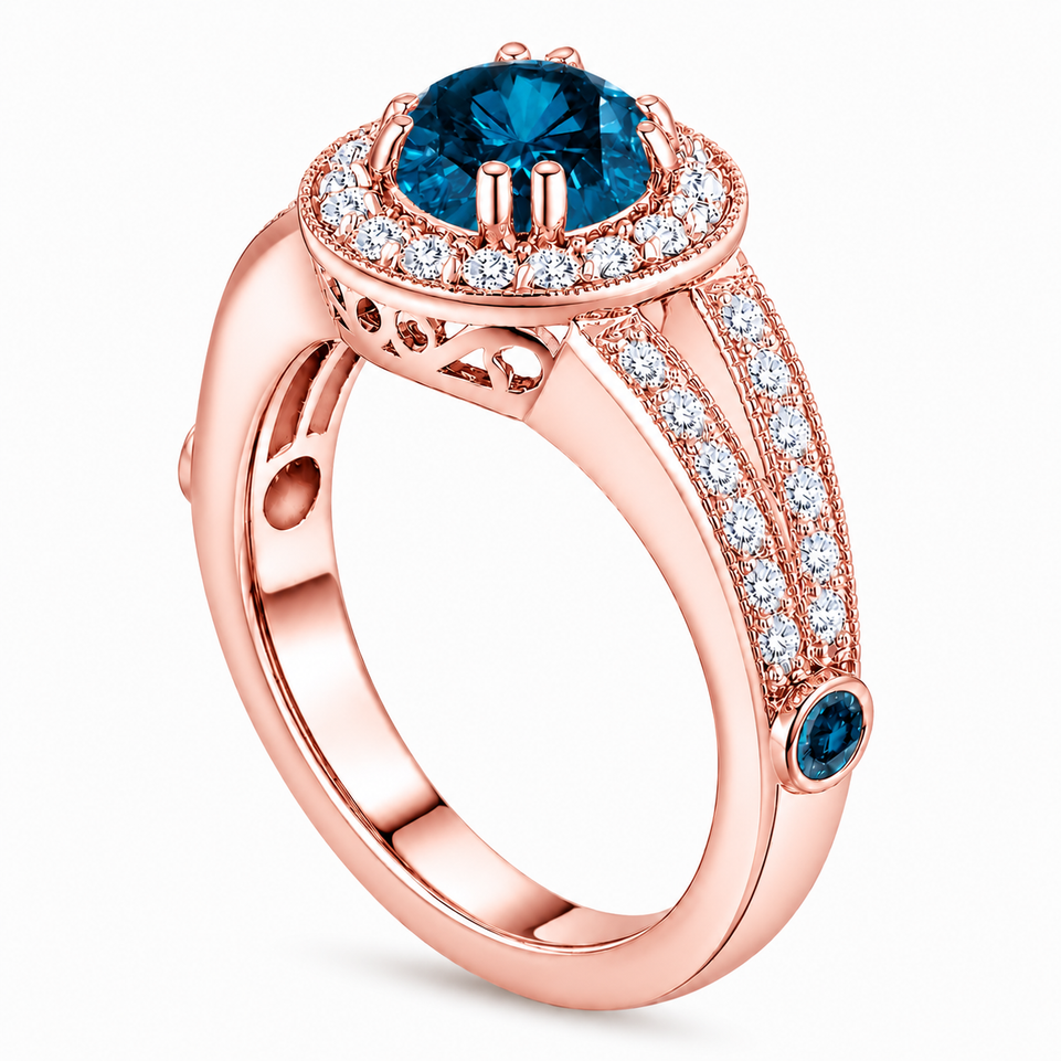 Unique Blue Diamond Halo Engagement Ring 1.56 Carat 14K White Gold, Yellow Gold, Rose Gold, Handmade Certified