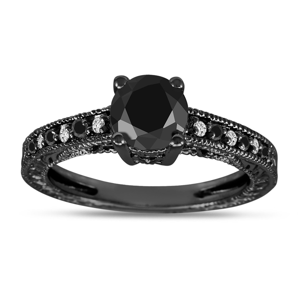 Black Diamond Engagement Ring 14K Black Gold 1.17 Carat Vintage Style Handmade Unique Certified