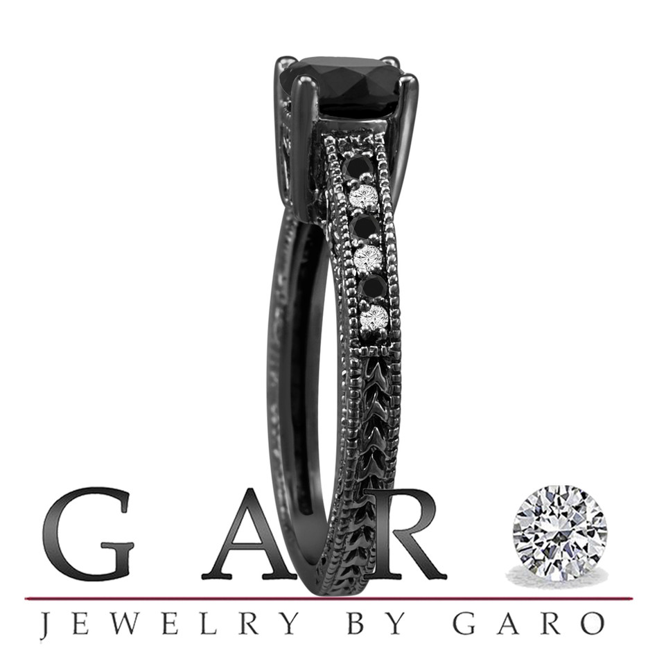 Black Diamond Engagement Ring 14K Black Gold 1.17 Carat Vintage Style Handmade Unique Certified