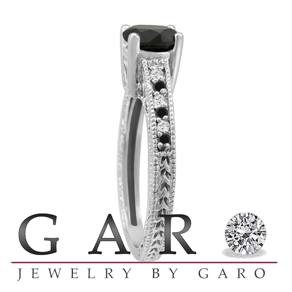 Natural Black Diamond Engagement Ring 14K White Gold 0.63 Carat Vintage Antique Style Pave Handmade Unique
