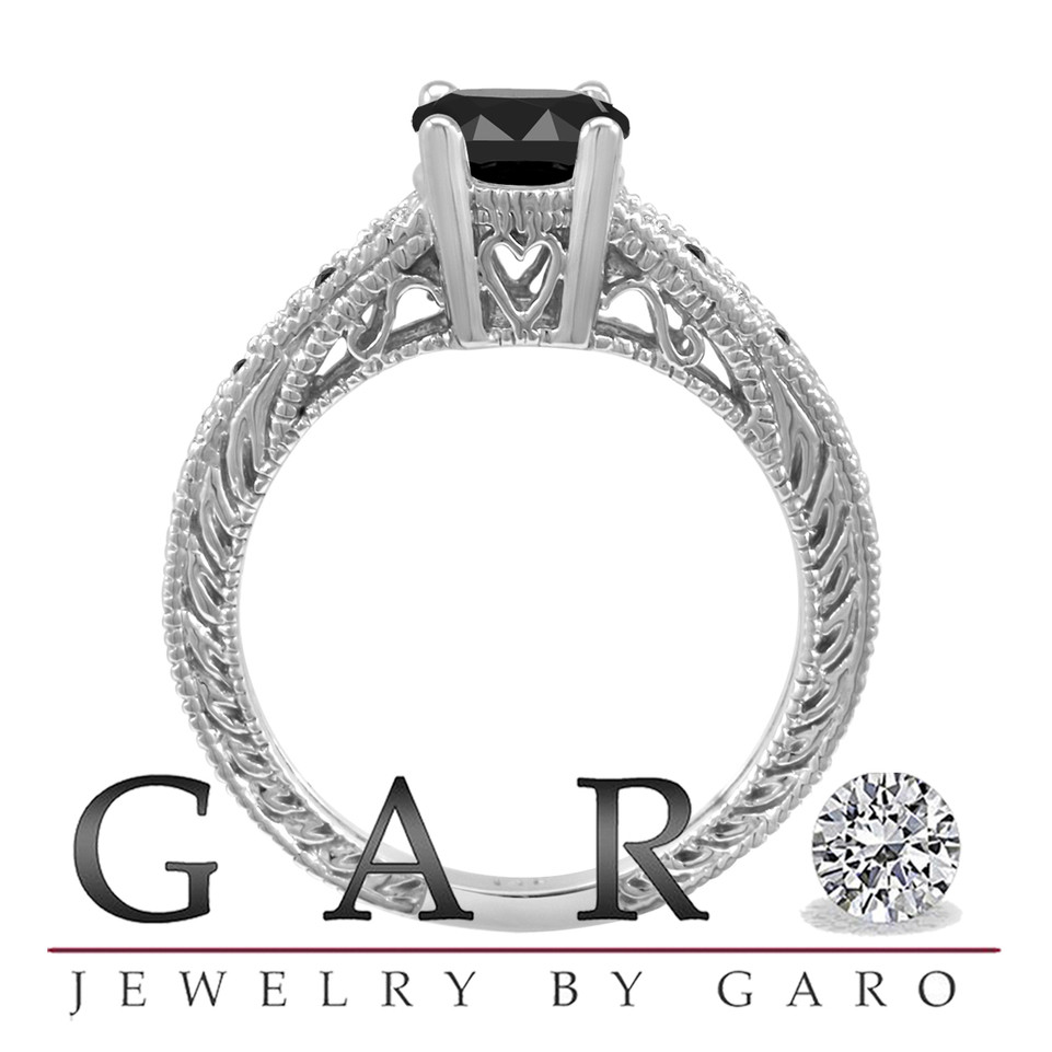 Natural Black Diamond Engagement Ring 14K White Gold 0.63 Carat Vintage Antique Style Pave Handmade Unique
