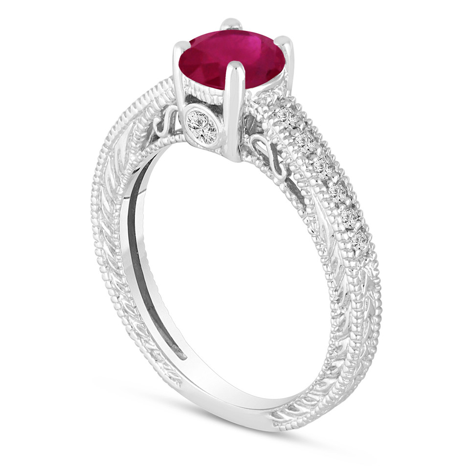 Ruby Engagement Ring 14K White Gold Vintage Antique Style Engraved 0.75 Carat Certified HandMade
