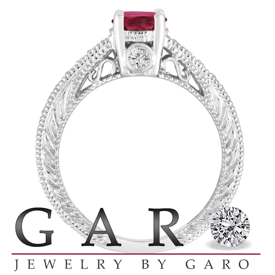 Ruby Engagement Ring 14K White Gold Vintage Antique Style Engraved 0.75 Carat Certified HandMade
