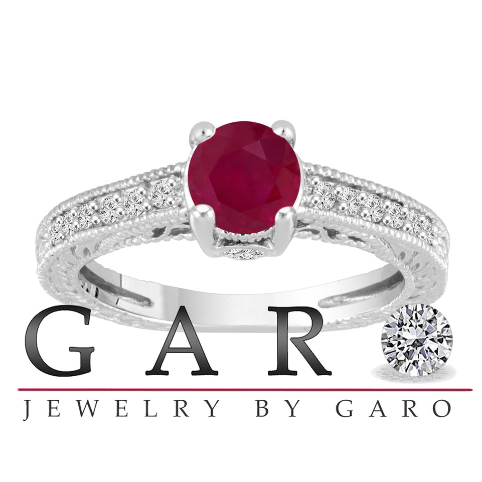 Ruby Engagement Ring 14K White Gold Vintage Antique Style Engraved 0.75 Carat Certified HandMade
