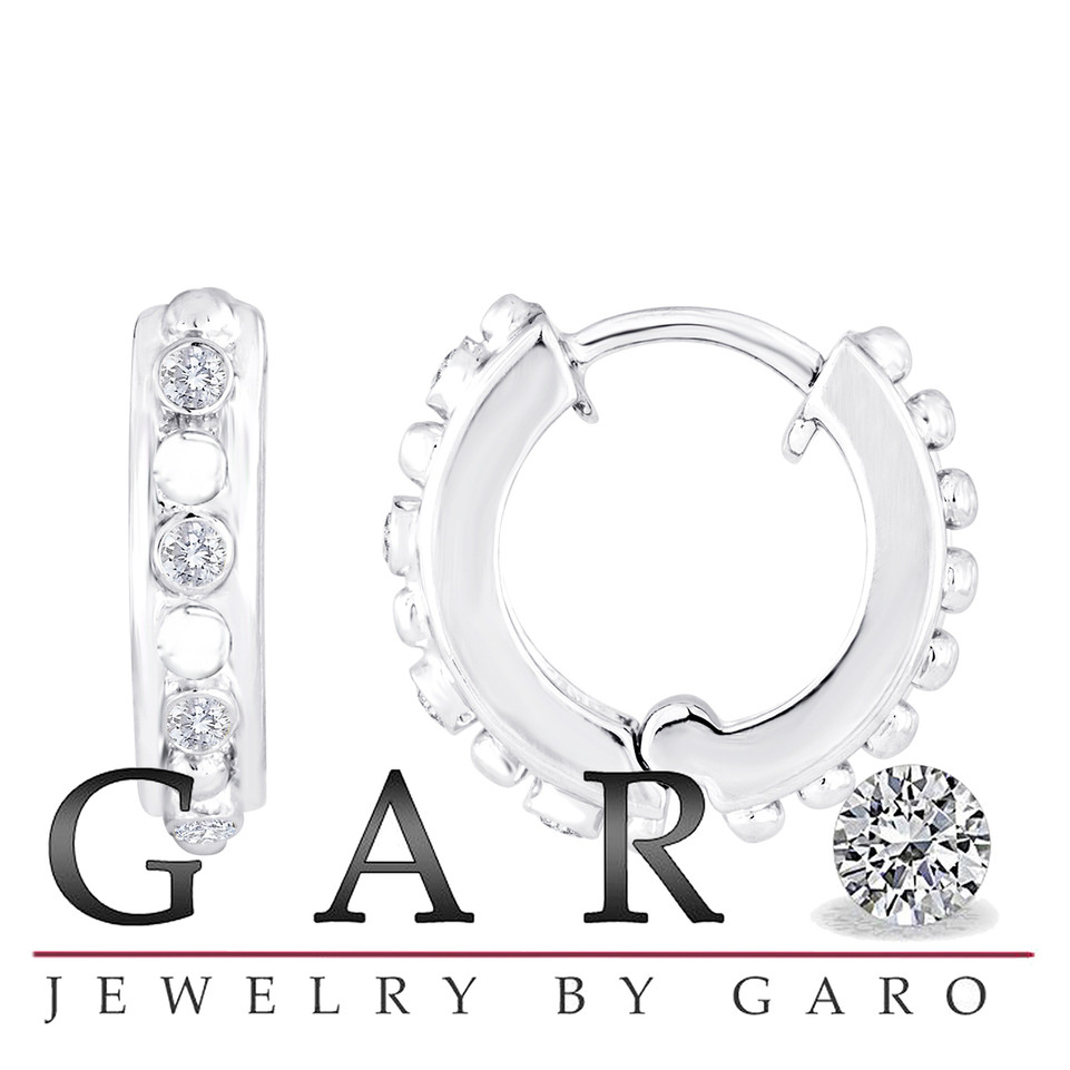 Diamond Hoop Earrings 14K White Gold Unique 0.12 Carat Handmade Half Inch
