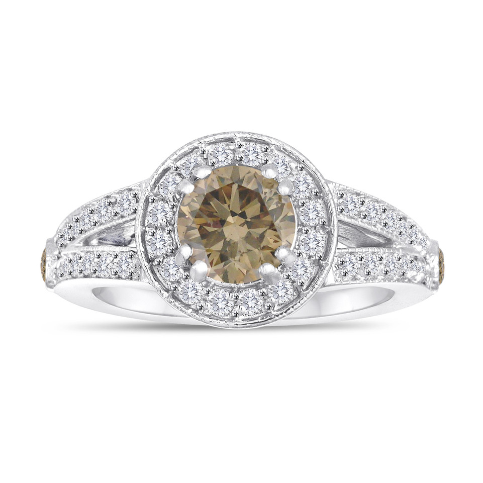 Platinum Champagne Brown Diamond Engagement Ring 1.56 Carat Handmade Unique Halo Pave Certified
