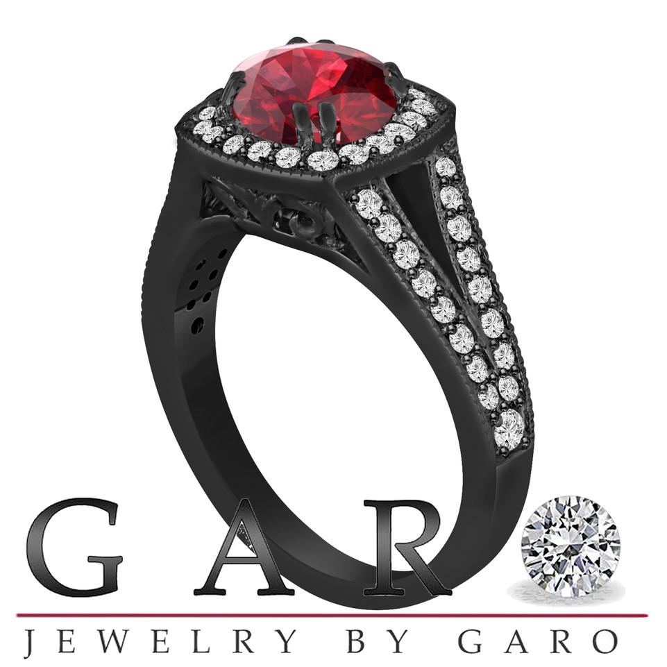 Red Garnet And Diamonds Engagement Ring 14K Black Gold Vintage Style 1.81 Carat Halo Pave Handmade Certified
