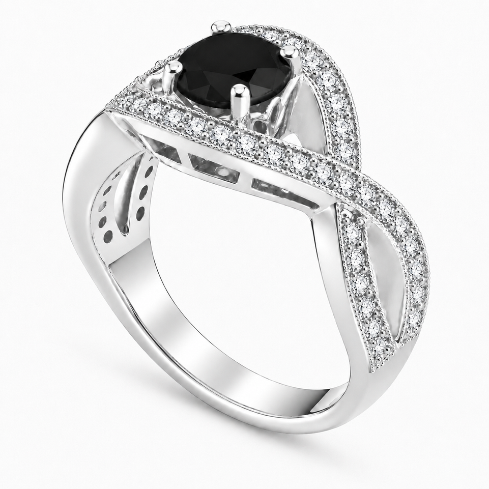 Platinum Black Diamond Twisted Engagement Ring 1.52 Carat Unique Handmade Certified