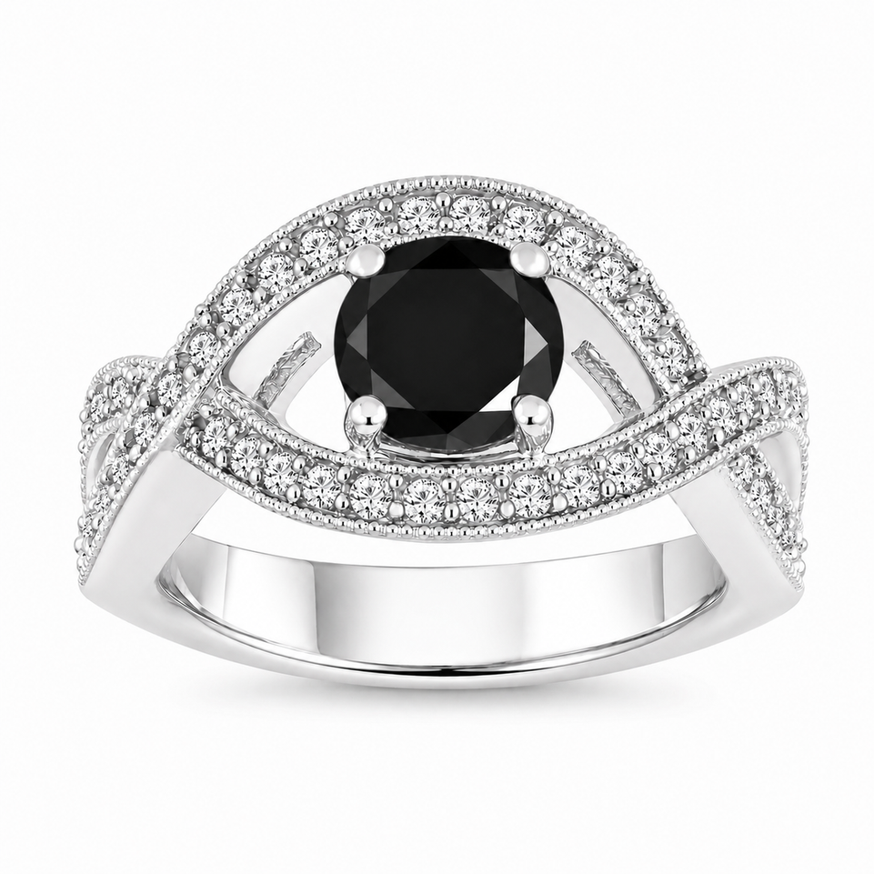 Platinum Black Diamond Twisted Engagement Ring 1.52 Carat Unique Handmade Certified