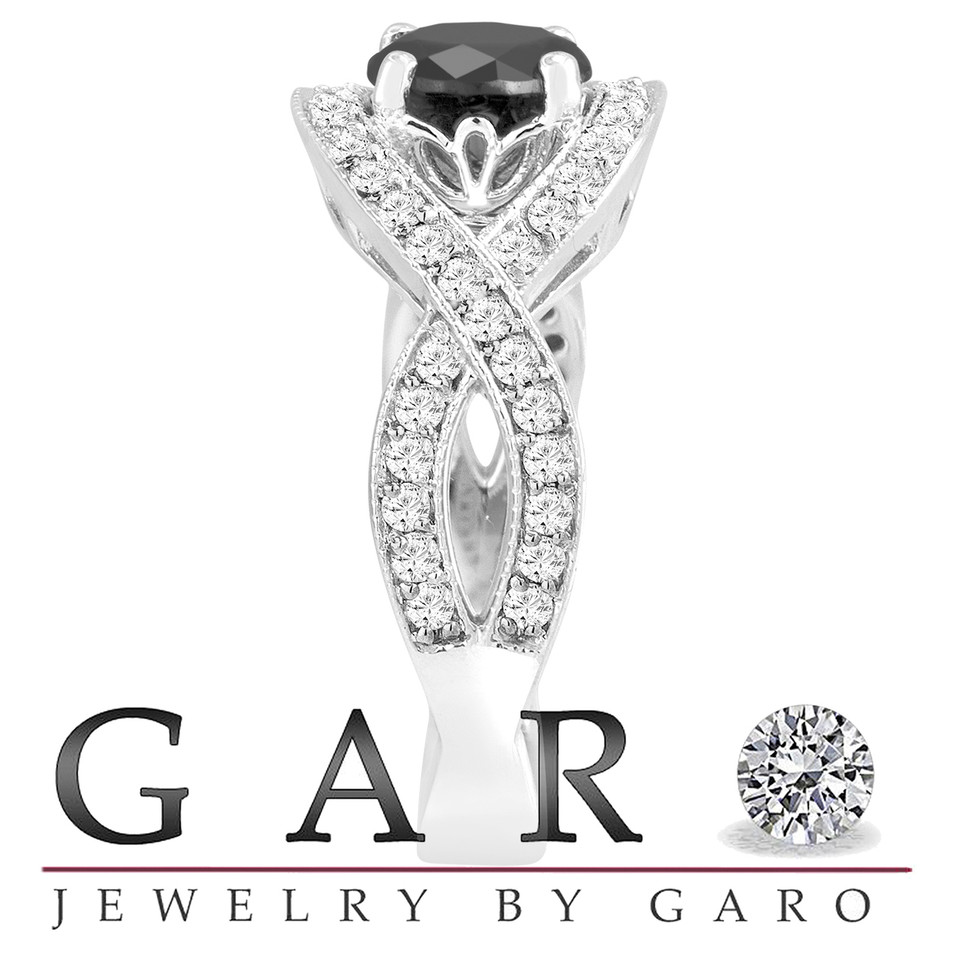 Black Diamond Twisted Engagement Ring 1.52 Carat 14K White Gold Unique Handmade Certified