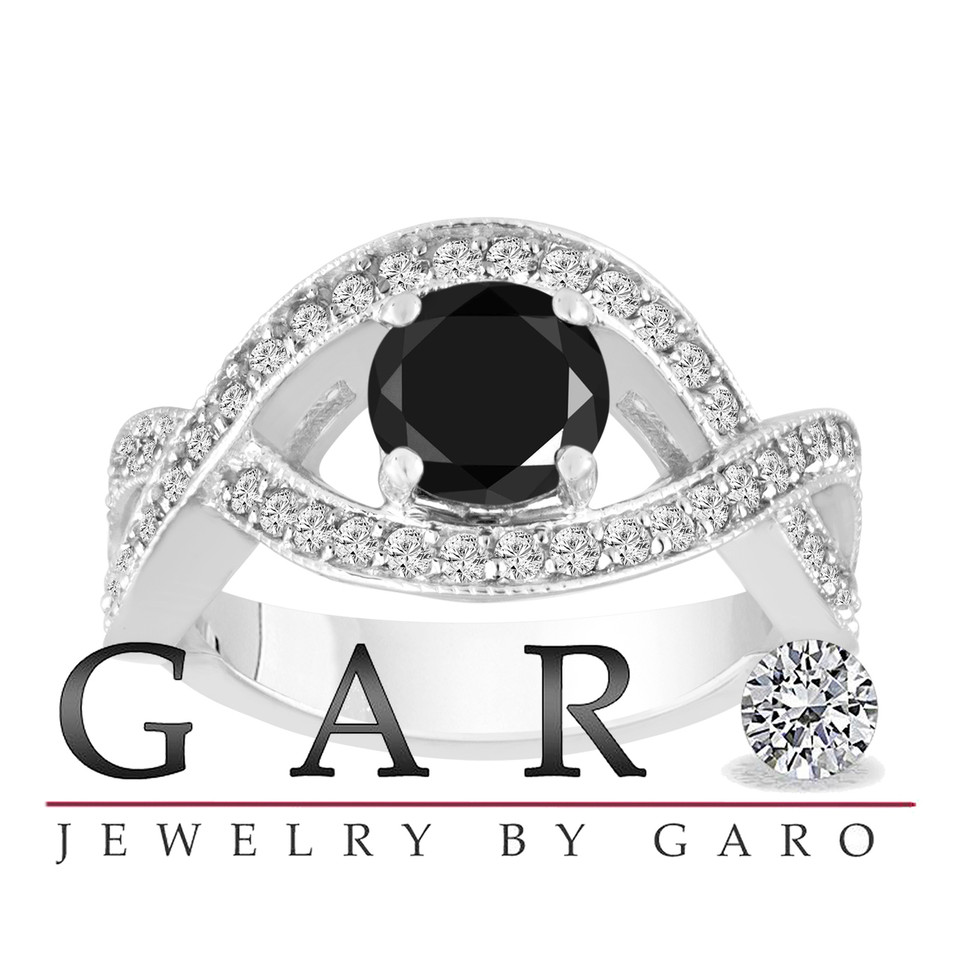 Black Diamond Twisted Cocktail Ring 1.52 Carat 14K White Gold Unique Handmade Certified