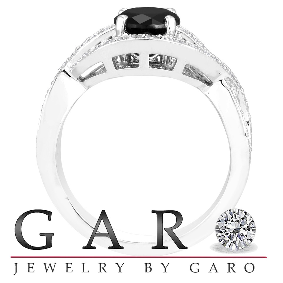Black Diamond Twisted Cocktail Ring 1.52 Carat 14k White Gold Unique Halo Pave Handmade Certified