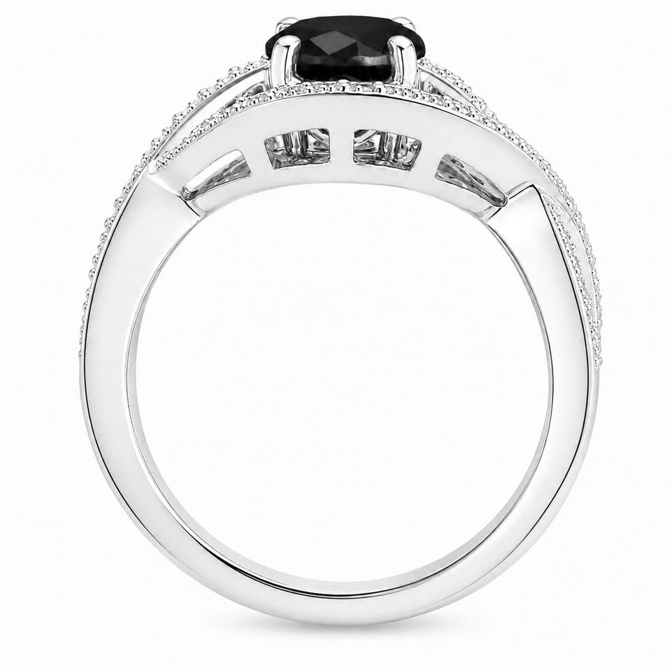 Black Diamond Twisted Cocktail Ring 1.52 Carat 14K White Gold Unique Handmade Certified