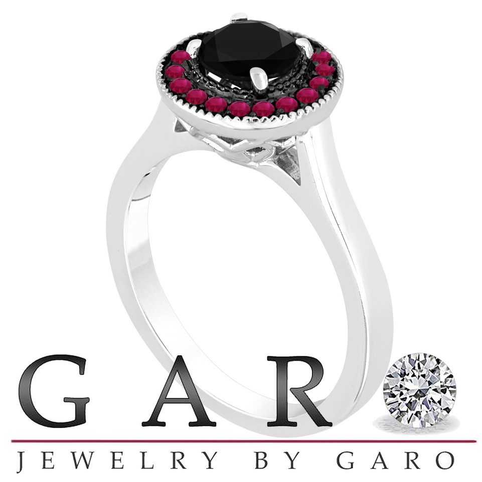 Black Diamond & Ruby Engagement Ring 14K White Gold 0.95 Carat Certified Pave Halo Bridal Unique Handmade
