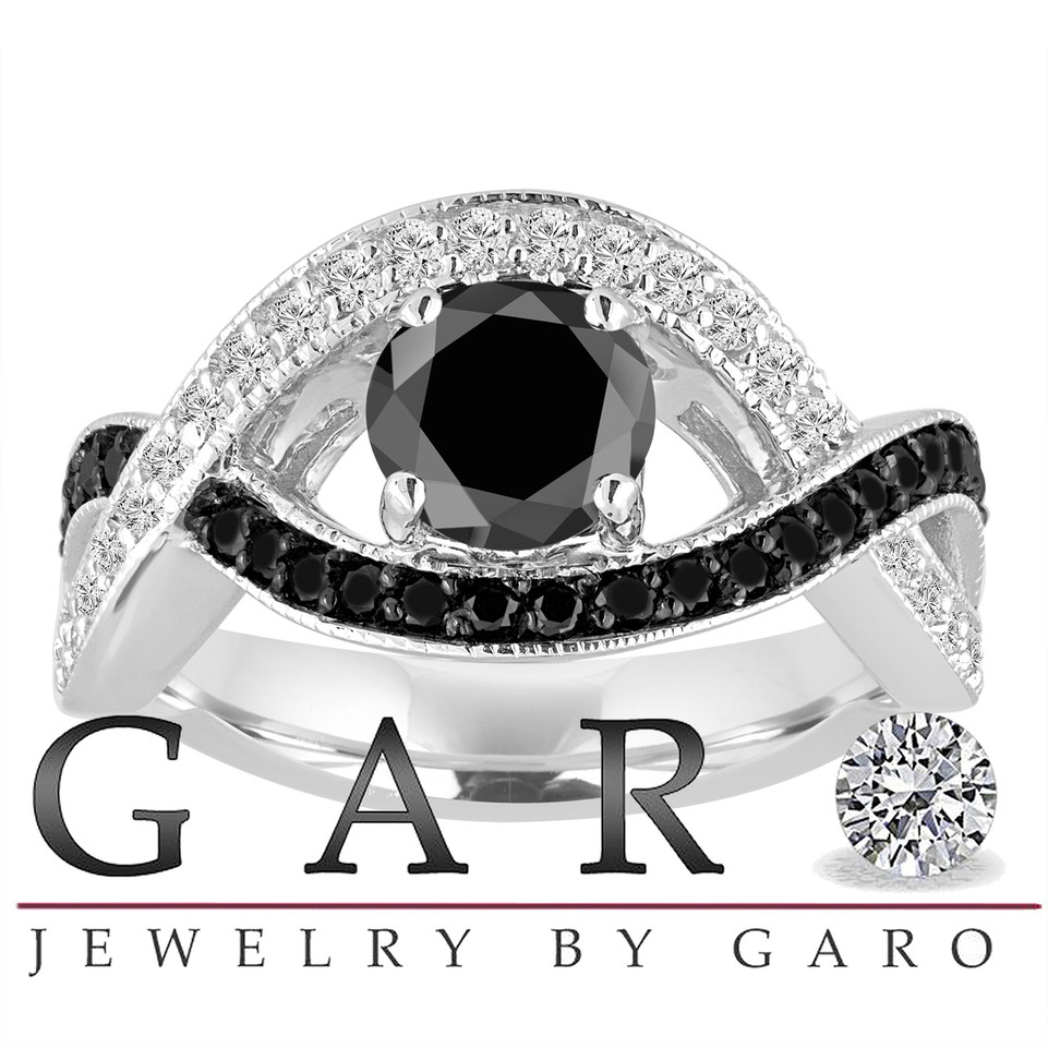 Black Diamonds Twisted Cocktail Ring 1.52 Carat 14K White Gold Unique Handmade Certified
