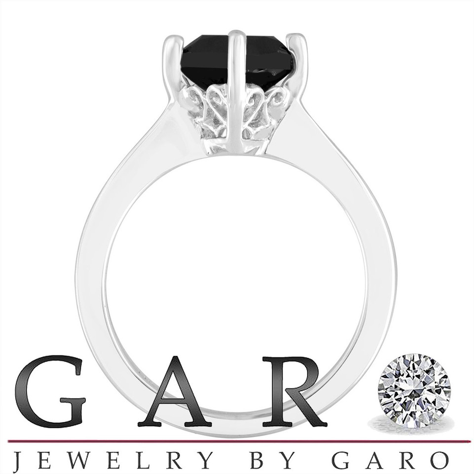 Platinum Cushion Cut Black Diamond Solitaire Engagement Ring 1.55 Carat Unique Gallery Design handmade