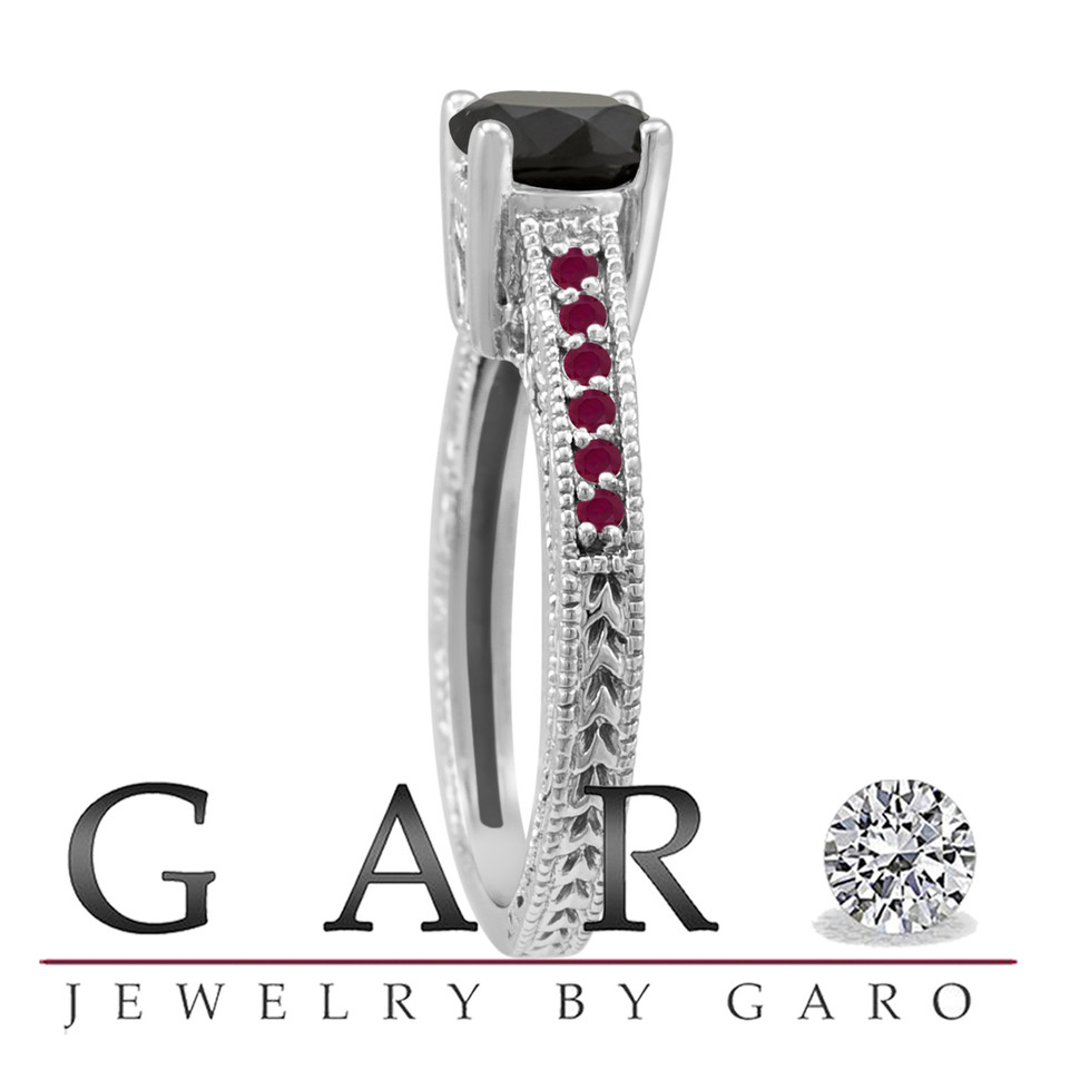 Black Diamond and Ruby Filigree Engagement Ring 14K White Gold 1.14 Carat Certified Handmade