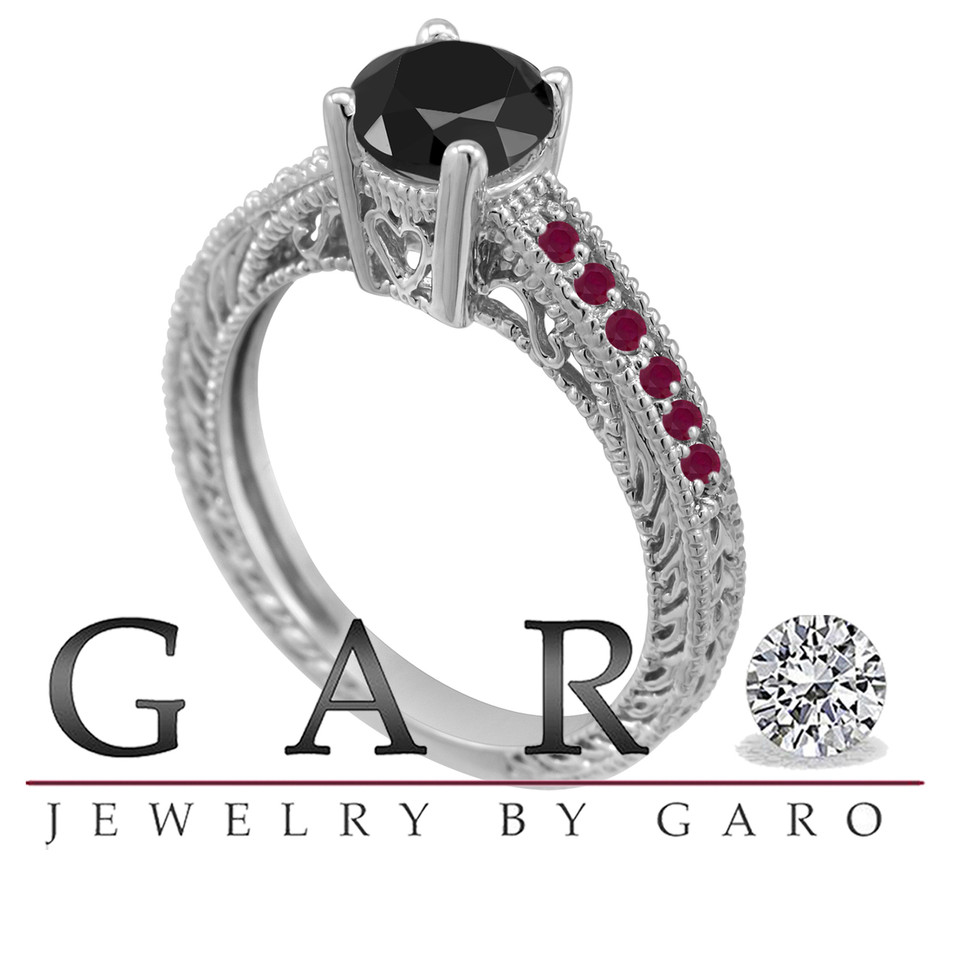 Black Diamond and Ruby Filigree Engagement Ring 14K White Gold 1.14 Carat Certified Handmade