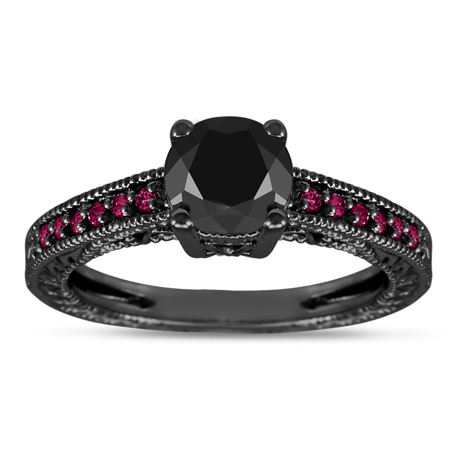 Black Diamond and Rubies Engagement Ring Unique Filigree 14K Black Gold 1.14 Carat Handmade