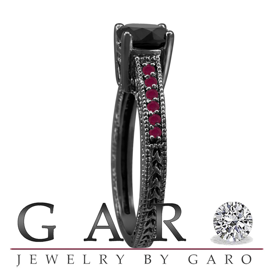 Black Diamond and Rubies Engagement Ring Unique Filigree 14K Black Gold 1.14 Carat Handmade