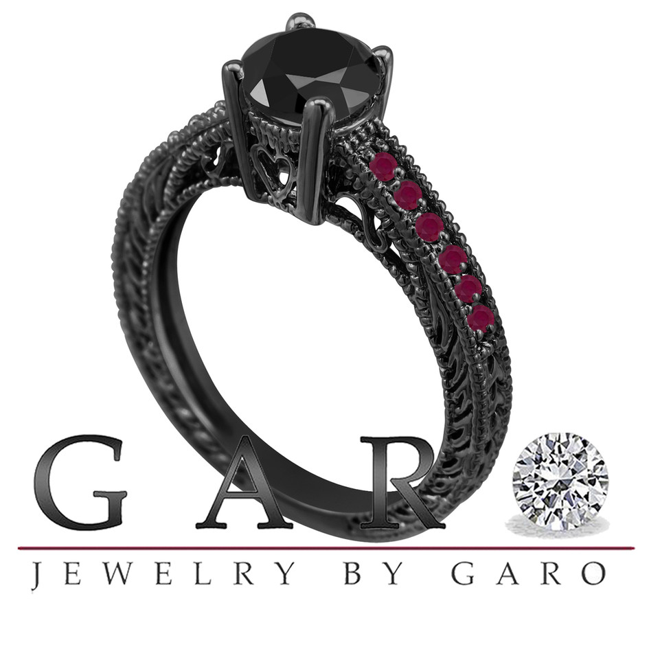 Black Diamond and Rubies Engagement Ring Unique Filigree 14K Black Gold 1.14 Carat Handmade