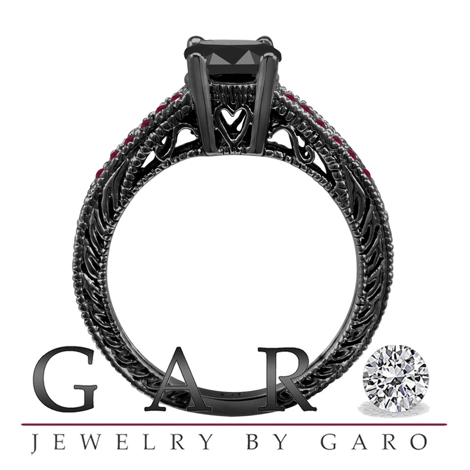 Black Diamond and Rubies Engagement Ring Unique Filigree 14K Black Gold 1.14 Carat Handmade